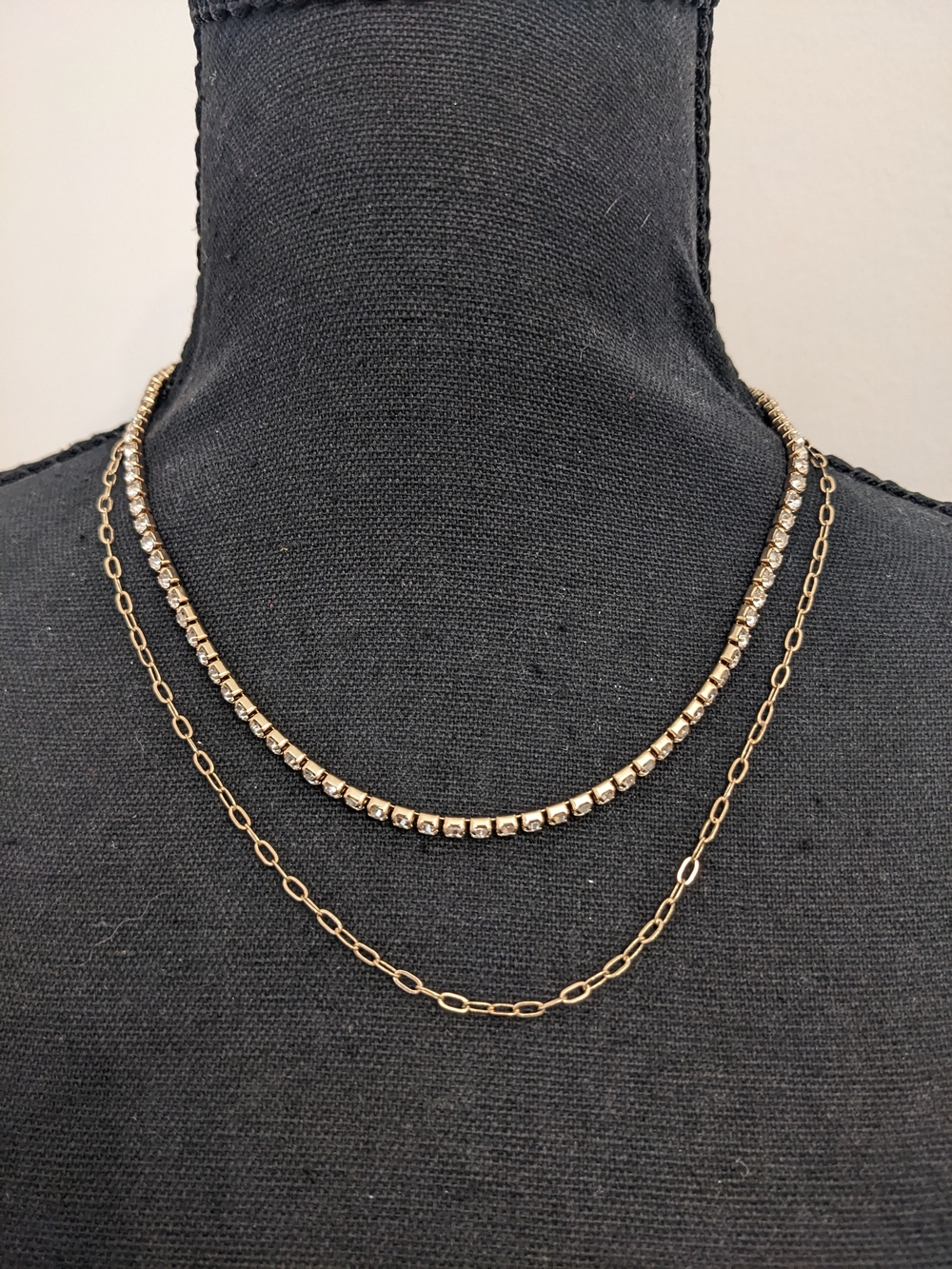 Gold Layered Necklace with Tennis-Style and Paperclip Chains - Women's Jewelry